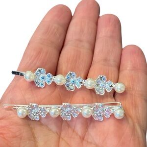 Iridescent Crystal Rhinestone Floral Silver Hair Clips with Pearls 2,5”